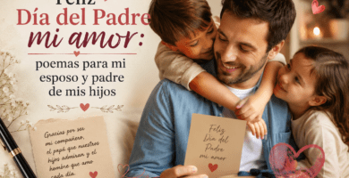 Esposo recibiendo una tarjeta de sus hijos en el Día del Padre con mensaje de amor familiar