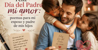 Esposo recibiendo una tarjeta de sus hijos en el Día del Padre con mensaje de amor familiar