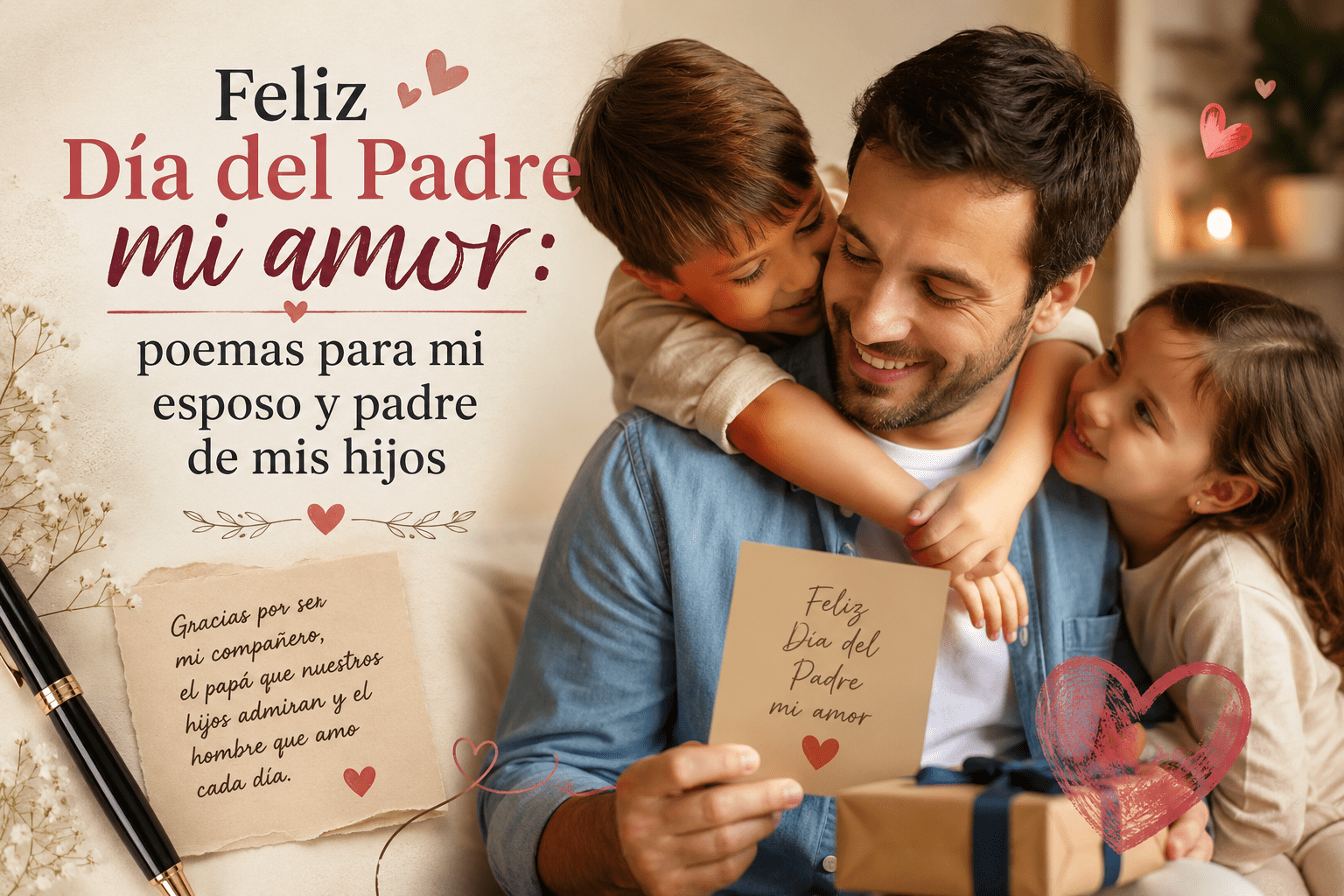 Esposo recibiendo una tarjeta de sus hijos en el Día del Padre con mensaje de amor familiar