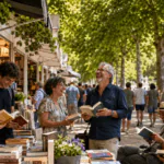 Lectores ríen y leen libros en la Feria del Libro de Madrid en El Retiro.