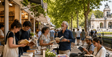 Lectores ríen y leen libros en la Feria del Libro de Madrid en El Retiro.
