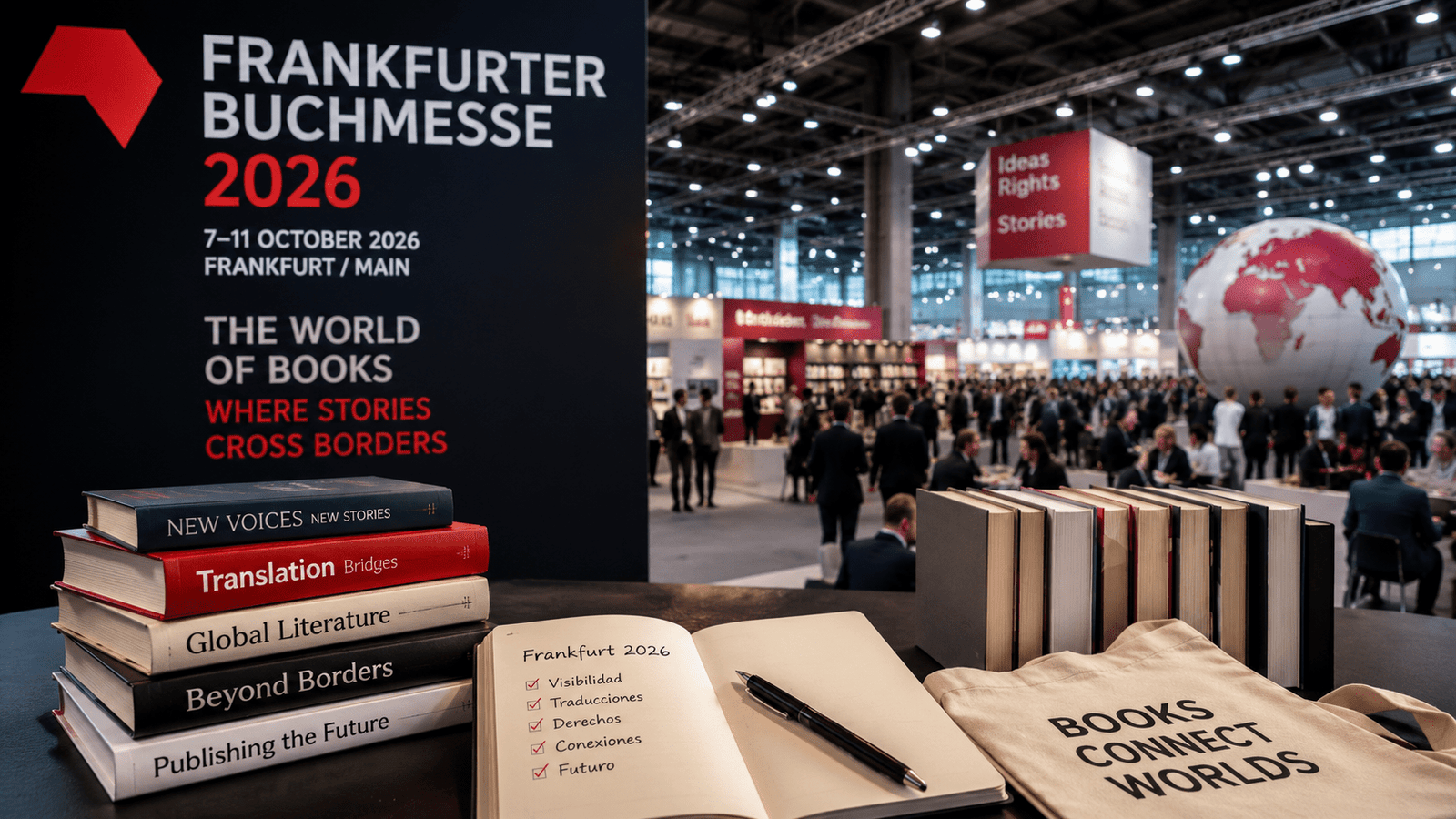 Feria del Libro de Frankfurt 2026 con libros, editores y escenario internacional.