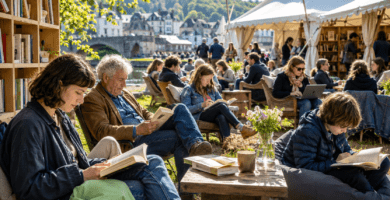 Lectores disfrutan libros al aire libre en un festival literario inspirado en Hay Festival 2026.