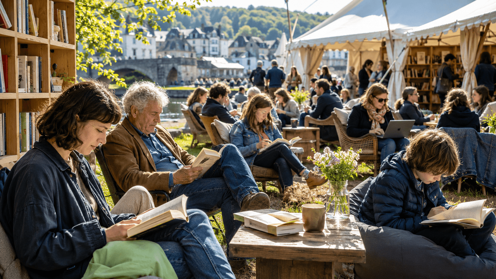 Lectores disfrutan libros al aire libre en un festival literario inspirado en Hay Festival 2026.