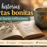 Imagen cálida con una taza, un cuaderno abierto y una vela para ilustrar historias cortas bonitas para reflexionar y compartir.