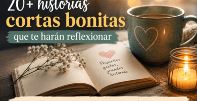 Imagen cálida con una taza, un cuaderno abierto y una vela para ilustrar historias cortas bonitas para reflexionar y compartir.