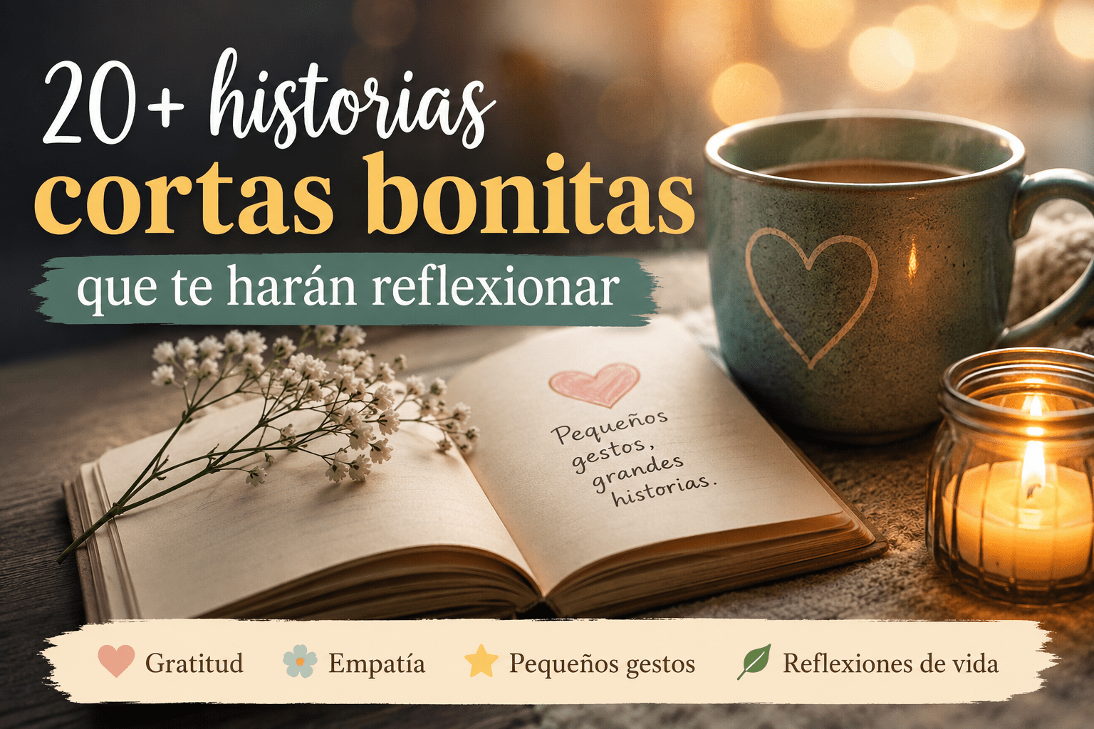 Imagen cálida con una taza, un cuaderno abierto y una vela para ilustrar historias cortas bonitas para reflexionar y compartir.