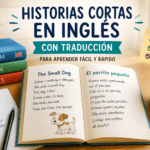 Libro abierto con una historia corta en inglés y su traducción al español, vocabulario básico y niveles A1, A2 y B1 para aprender inglés leyendo.