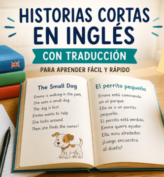 Libro abierto con una historia corta en inglés y su traducción al español, vocabulario básico y niveles A1, A2 y B1 para aprender inglés leyendo.