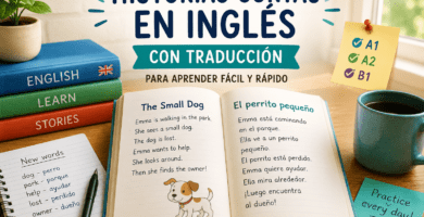 Libro abierto con una historia corta en inglés y su traducción al español, vocabulario básico y niveles A1, A2 y B1 para aprender inglés leyendo.