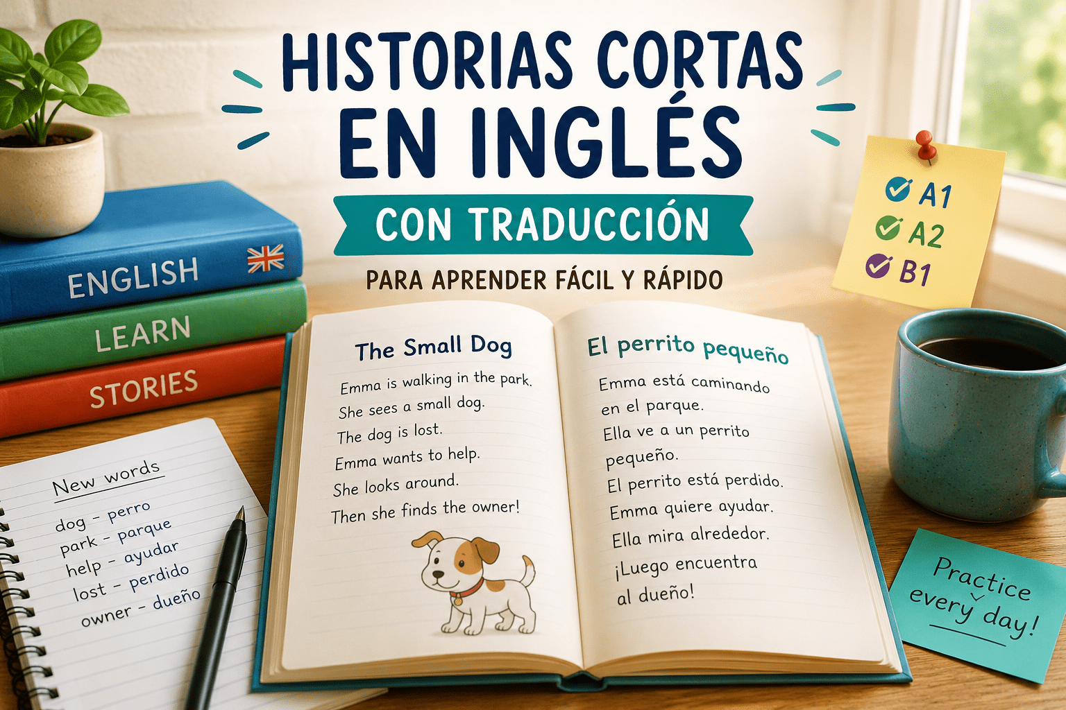 Libro abierto con una historia corta en inglés y su traducción al español, vocabulario básico y niveles A1, A2 y B1 para aprender inglés leyendo.