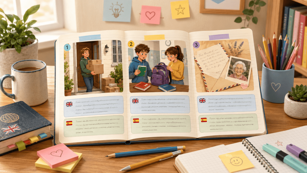 Libro abierto con tres historias cortas en inglés nivel A2 y su traducción al español, ilustradas con un nuevo vecino, una mochila escolar y una carta de la abuela.