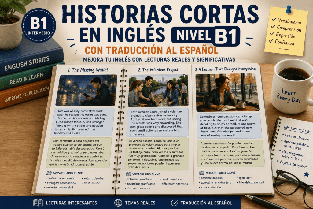 Cuaderno abierto con historias cortas en inglés nivel B1 y traducción al español, vocabulario clave y escenas de lectura intermedia.
