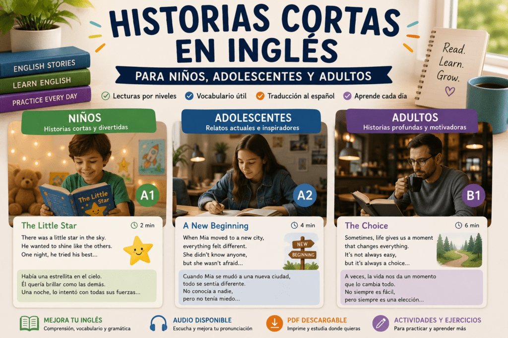 Imagen educativa con historias cortas en inglés para niños, adolescentes y adultos, organizadas por niveles A1, A2 y B1 con traducción al español.