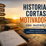 Imagen inspiradora con amanecer, libros, una libreta y señales de esfuerzo, constancia y paciencia para ilustrar historias cortas motivadoras con moraleja.
