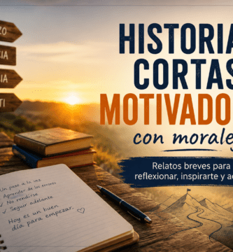Imagen inspiradora con amanecer, libros, una libreta y señales de esfuerzo, constancia y paciencia para ilustrar historias cortas motivadoras con moraleja.
