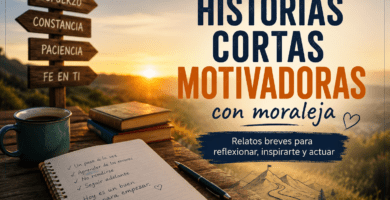 Imagen inspiradora con amanecer, libros, una libreta y señales de esfuerzo, constancia y paciencia para ilustrar historias cortas motivadoras con moraleja.