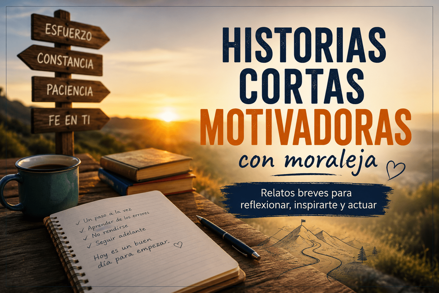 Imagen inspiradora con amanecer, libros, una libreta y señales de esfuerzo, constancia y paciencia para ilustrar historias cortas motivadoras con moraleja.
