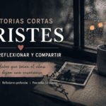 Imagen melancólica con lluvia en la ventana, una taza, un cuaderno y una foto antigua para ilustrar historias cortas tristes que hacen pensar.