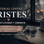 Imagen melancólica con lluvia en la ventana, una taza, un cuaderno y una foto antigua para ilustrar historias cortas tristes que hacen pensar.