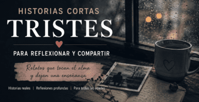 Imagen melancólica con lluvia en la ventana, una taza, un cuaderno y una foto antigua para ilustrar historias cortas tristes que hacen pensar.