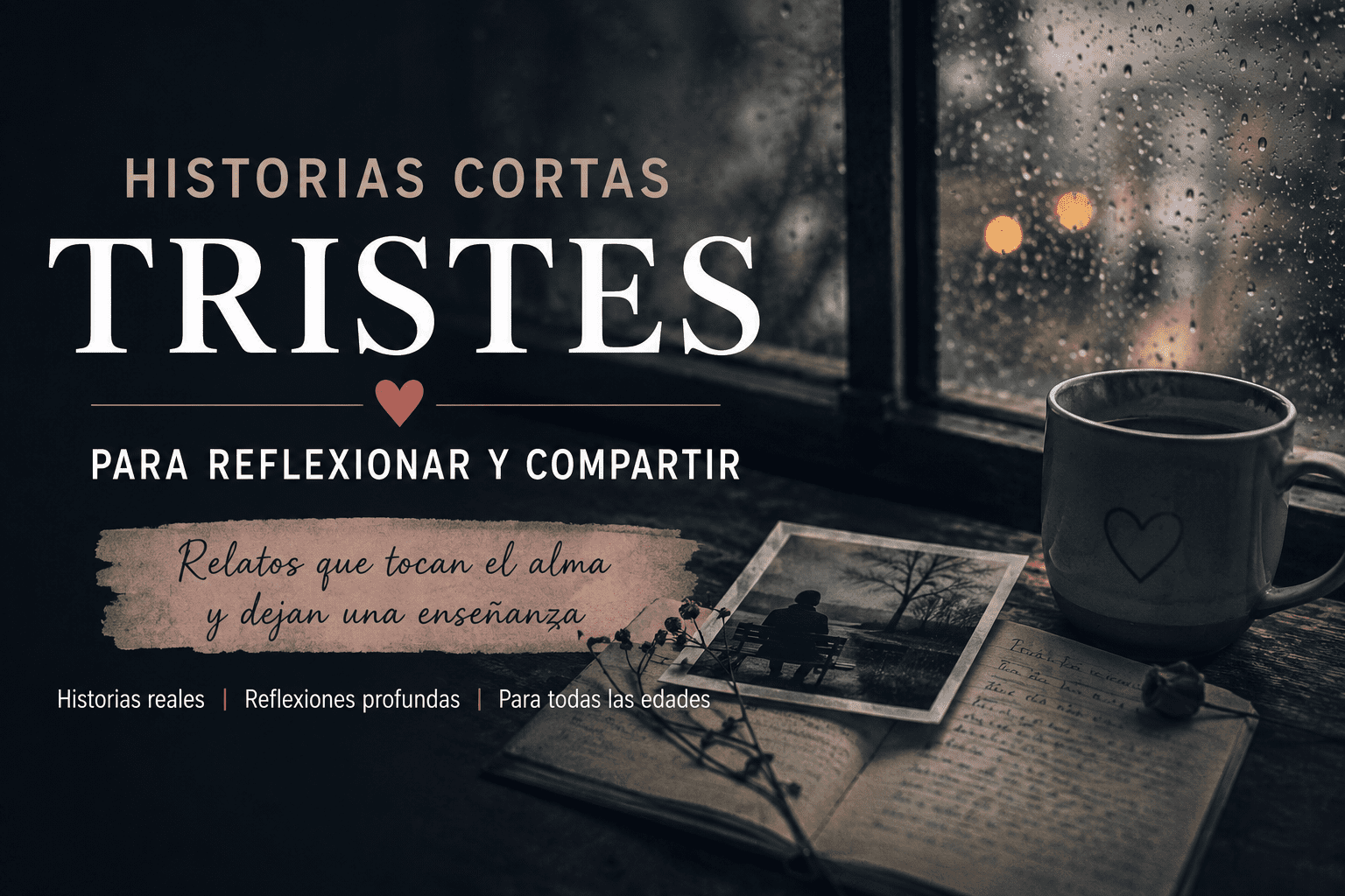 Imagen melancólica con lluvia en la ventana, una taza, un cuaderno y una foto antigua para ilustrar historias cortas tristes que hacen pensar.