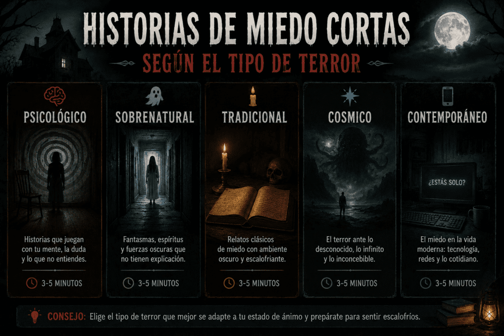 Infografía oscura con categorías de historias de miedo cortas según el tipo de terror: psicológico, sobrenatural, tradicional, cósmico y contemporáneo.
