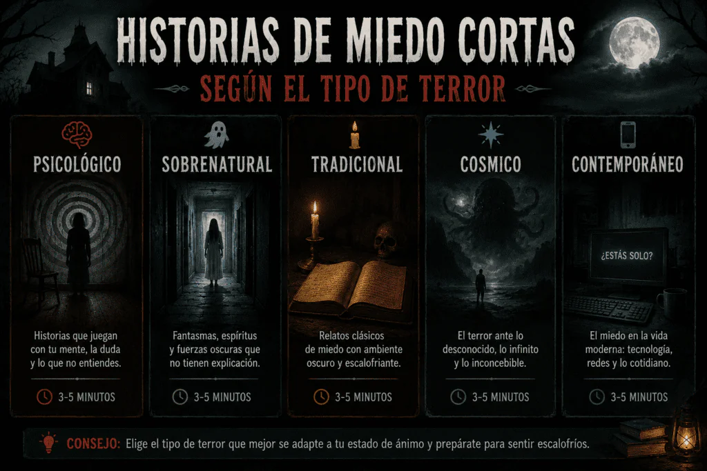 Infografía oscura con categorías de historias de miedo cortas según el tipo de terror: psicológico, sobrenatural, tradicional, cósmico y contemporáneo.