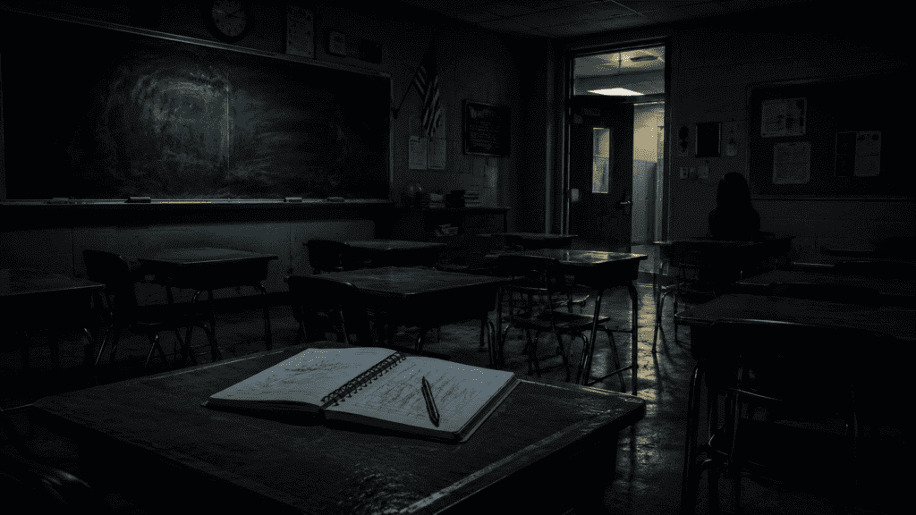 Aula oscura y vacía con pupitres, una libreta abierta y una figura inquietante al fondo para ilustrar historias de terror cortas para clase o secundaria.