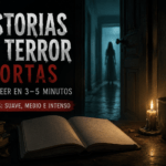 Imagen oscura con un libro abierto, una vela y una figura al fondo para ilustrar historias de terror cortas para leer en 3 a 5 minutos.