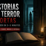 Imagen oscura con un libro abierto, una vela y una figura al fondo para ilustrar historias de terror cortas para leer en 3 a 5 minutos.