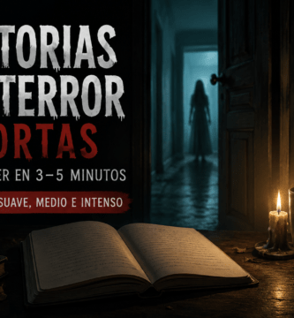 Imagen oscura con un libro abierto, una vela y una figura al fondo para ilustrar historias de terror cortas para leer en 3 a 5 minutos.