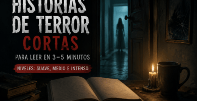 Imagen oscura con un libro abierto, una vela y una figura al fondo para ilustrar historias de terror cortas para leer en 3 a 5 minutos.