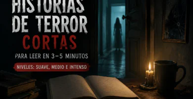Imagen oscura con un libro abierto, una vela y una figura al fondo para ilustrar historias de terror cortas para leer en 3 a 5 minutos.