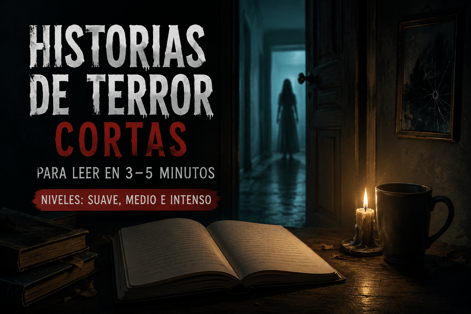 Imagen oscura con un libro abierto, una vela y una figura al fondo para ilustrar historias de terror cortas para leer en 3 a 5 minutos.