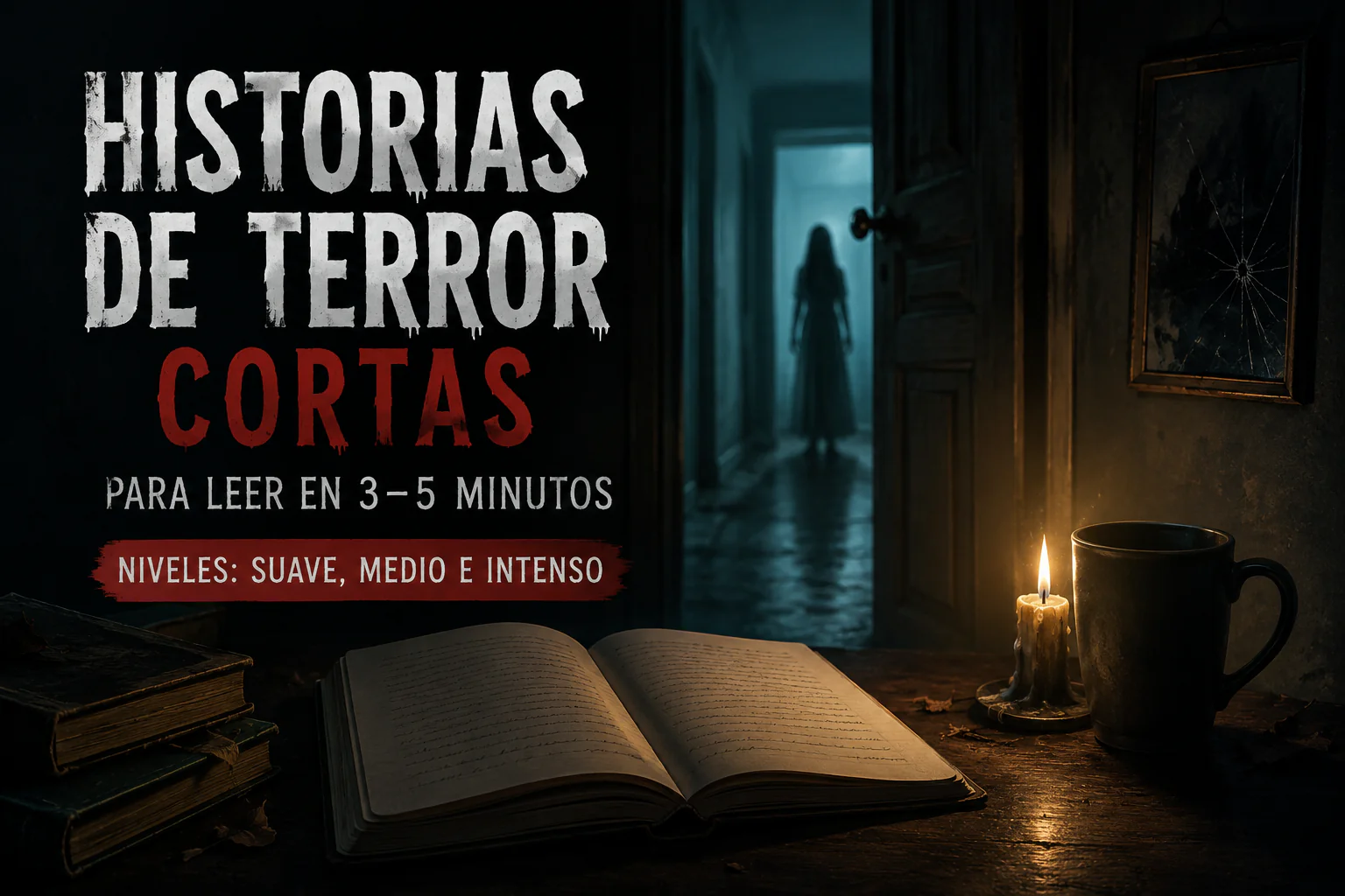 Imagen oscura con un libro abierto, una vela y una figura al fondo para ilustrar historias de terror cortas para leer en 3 a 5 minutos.