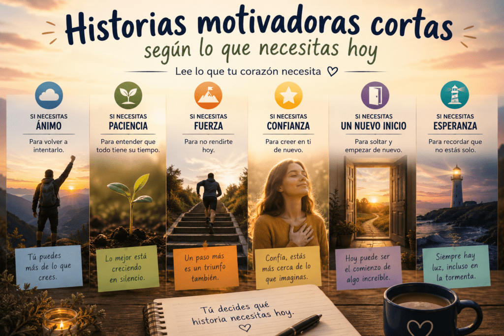 Infografía cálida con historias motivadoras cortas para elegir según si necesitas ánimo, paciencia, fuerza, confianza, un nuevo inicio o esperanza.
