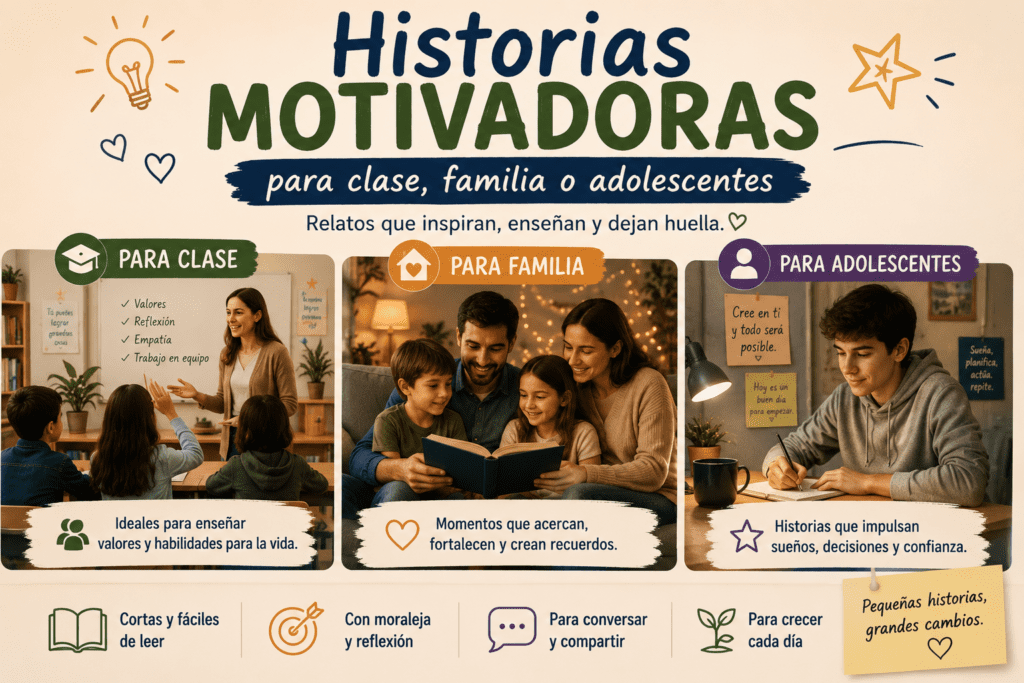 Imagen educativa con escenas de una clase, una familia leyendo y un adolescente escribiendo para ilustrar historias motivadoras con moraleja.