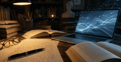 Libros y manuscritos junto a una laptop con red digital de inteligencia artificial.