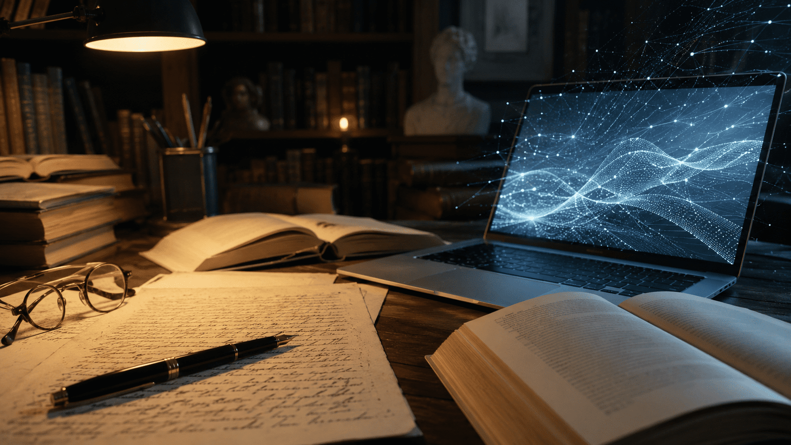Libros y manuscritos junto a una laptop con red digital de inteligencia artificial.