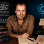 Javier Sierra junto a libros, derechos de autor e inteligencia artificial en el Premio CEDRO 2026.
