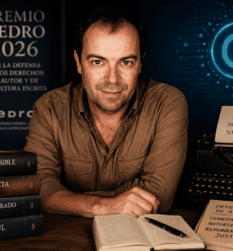 Javier Sierra junto a libros, derechos de autor e inteligencia artificial en el Premio CEDRO 2026.