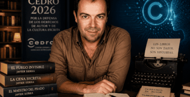 Javier Sierra junto a libros, derechos de autor e inteligencia artificial en el Premio CEDRO 2026.