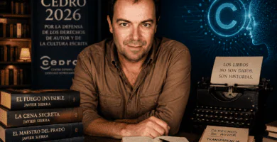 Javier Sierra junto a libros, derechos de autor e inteligencia artificial en el Premio CEDRO 2026.