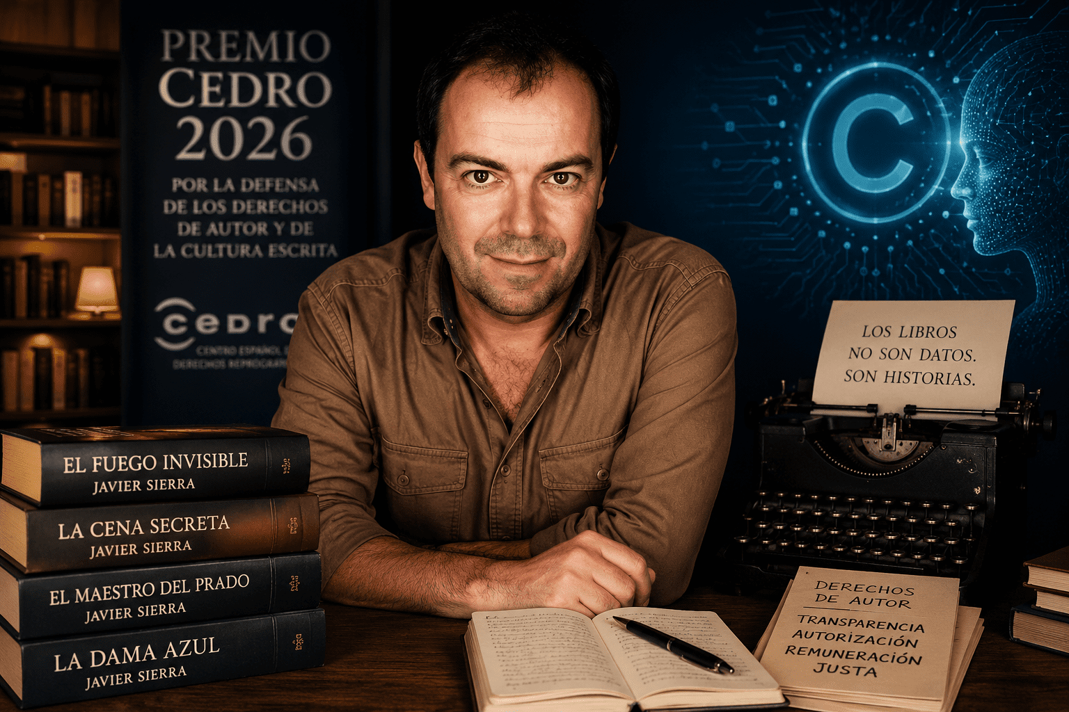 Javier Sierra junto a libros, derechos de autor e inteligencia artificial en el Premio CEDRO 2026.