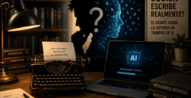 Máquina de escribir y computador ilustran el debate sobre inteligencia artificial y autoría literaria.