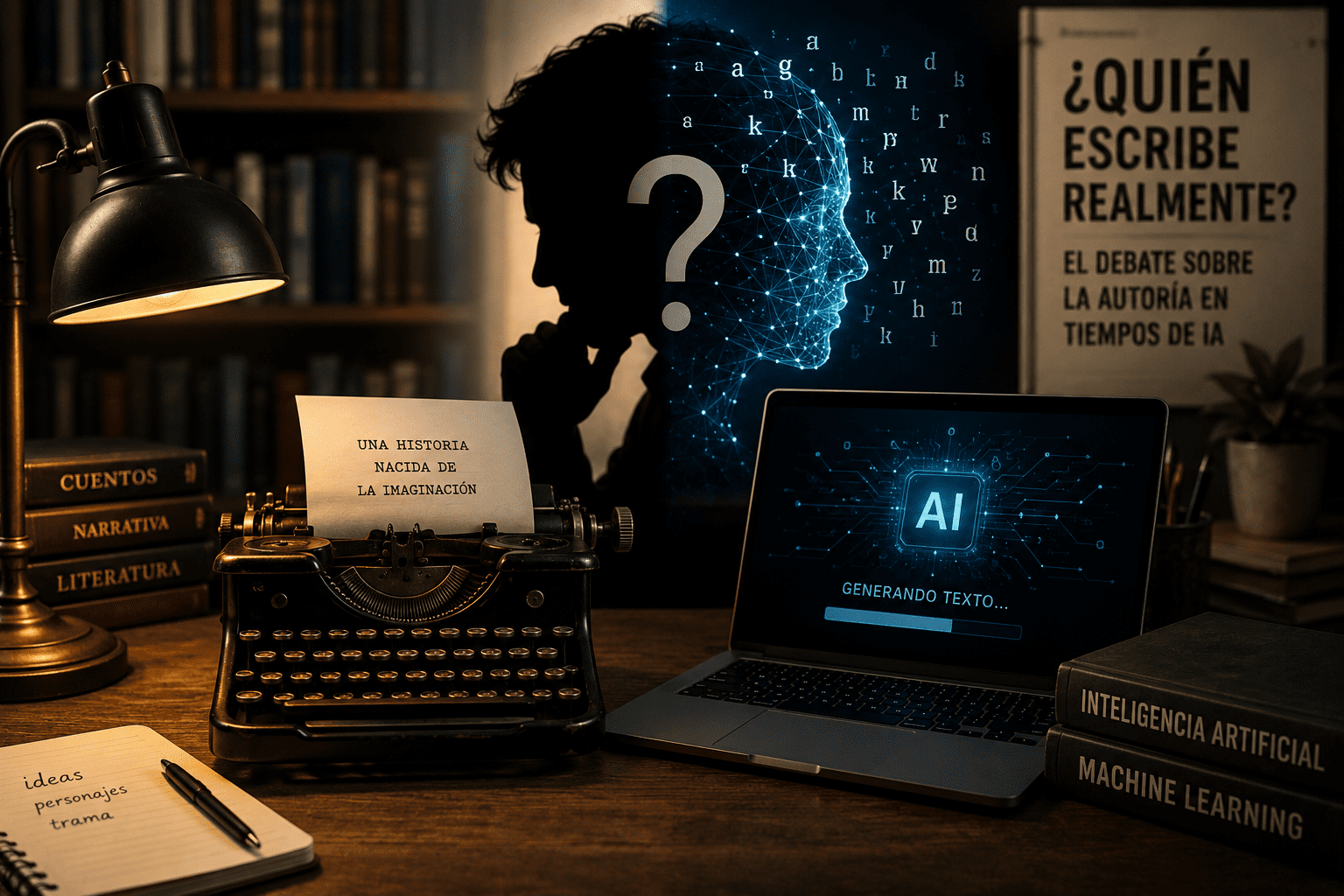 Máquina de escribir y computador ilustran el debate sobre inteligencia artificial y autoría literaria.