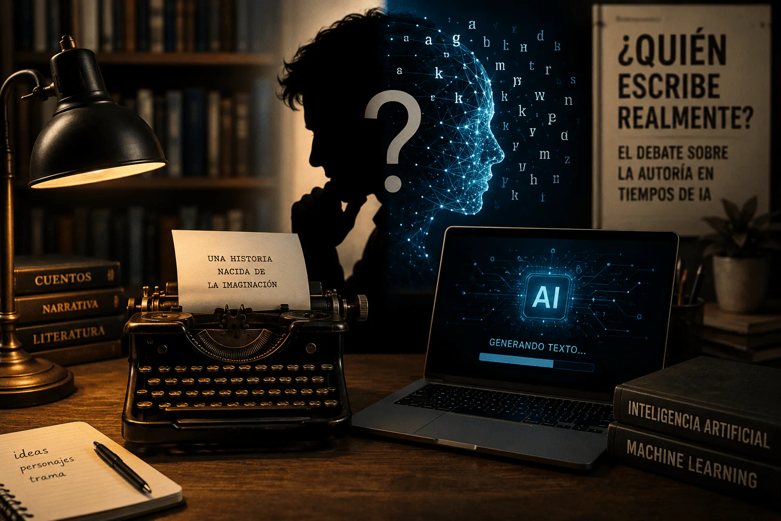 Máquina de escribir y computador ilustran el debate sobre inteligencia artificial y autoría literaria.