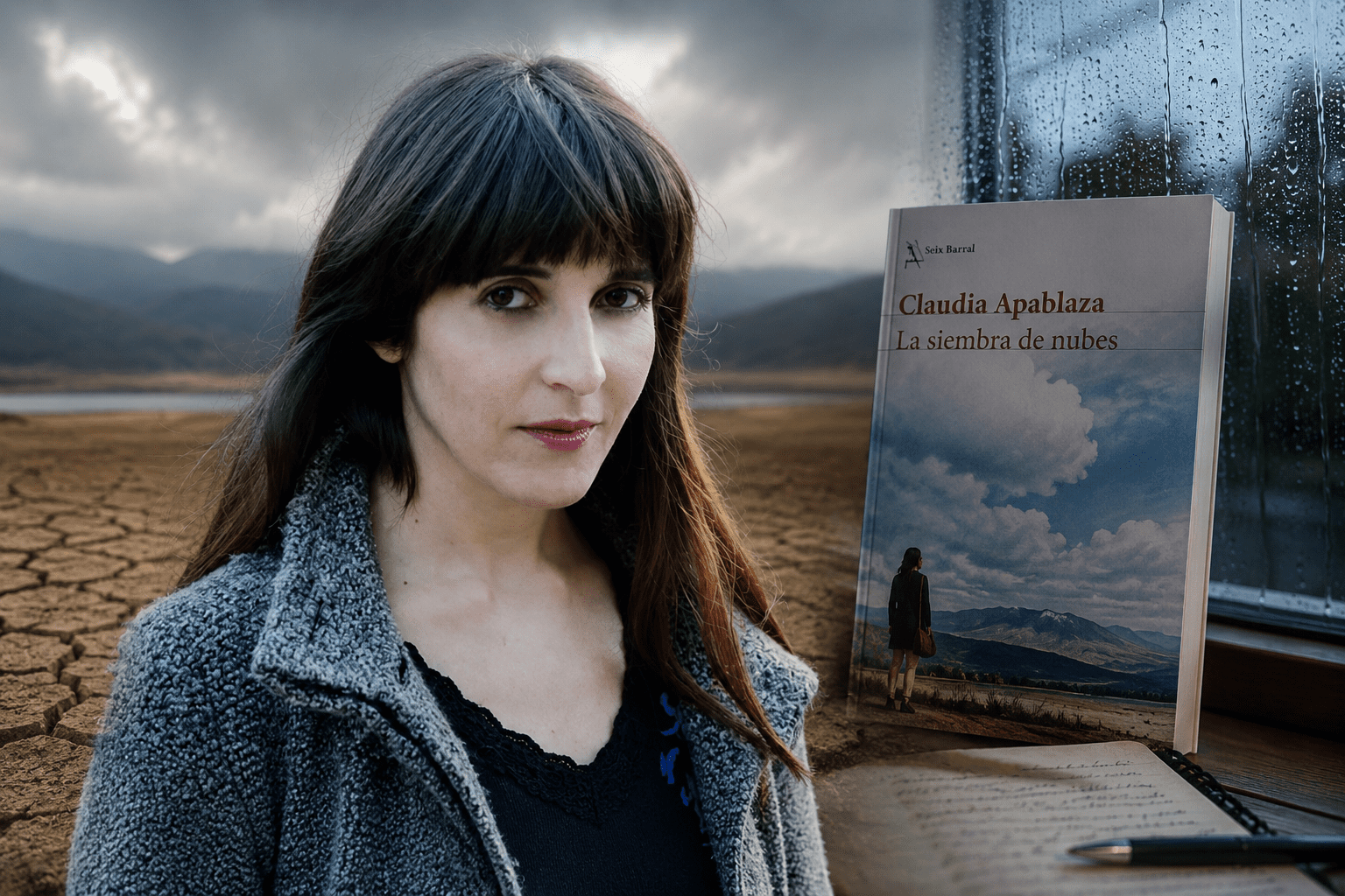 Retrato editorial inspirado en Claudia Apablaza junto a lluvia, sequía y La siembra de nubes.