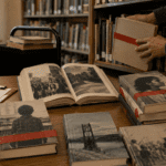 Libros de no ficción censurados en una biblioteca escolar con cintas rojas sobre sus portadas.